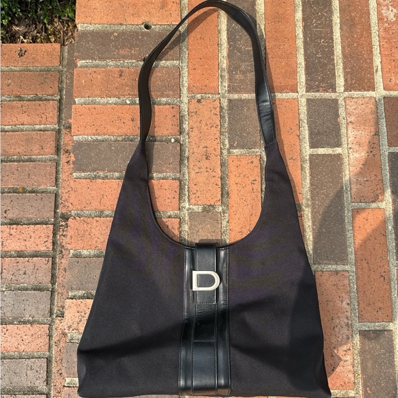Vintage DKNY Black Canvas & Leather Shoulder Bag | Y2K Logo Hobo Tote - Picture 2 of 10